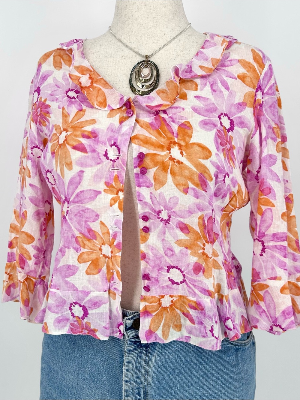 Pink Floral Linen Ruffle Button Blouse Cottagecore Fairy Top